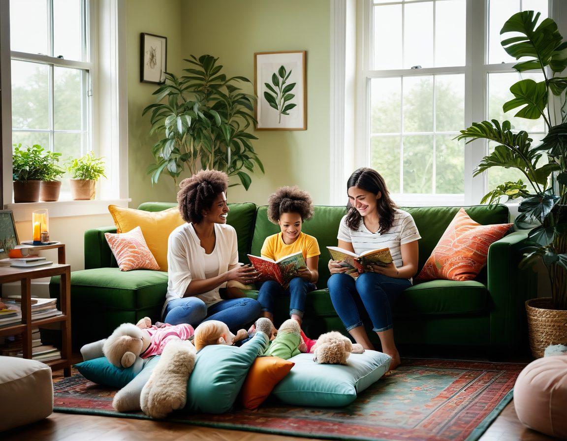A warm, inviting home setting with a diverse family engaging in playful activities together. Show a parent reading a storybook to children on a cozy sofa, surrounded by colorful toys and plants that symbolize growth. Soft sunlight filters through the window, creating a nurturing atmosphere. Illustrate emotions of happiness and connection among family members. bright colors. soft focus. digital painting.