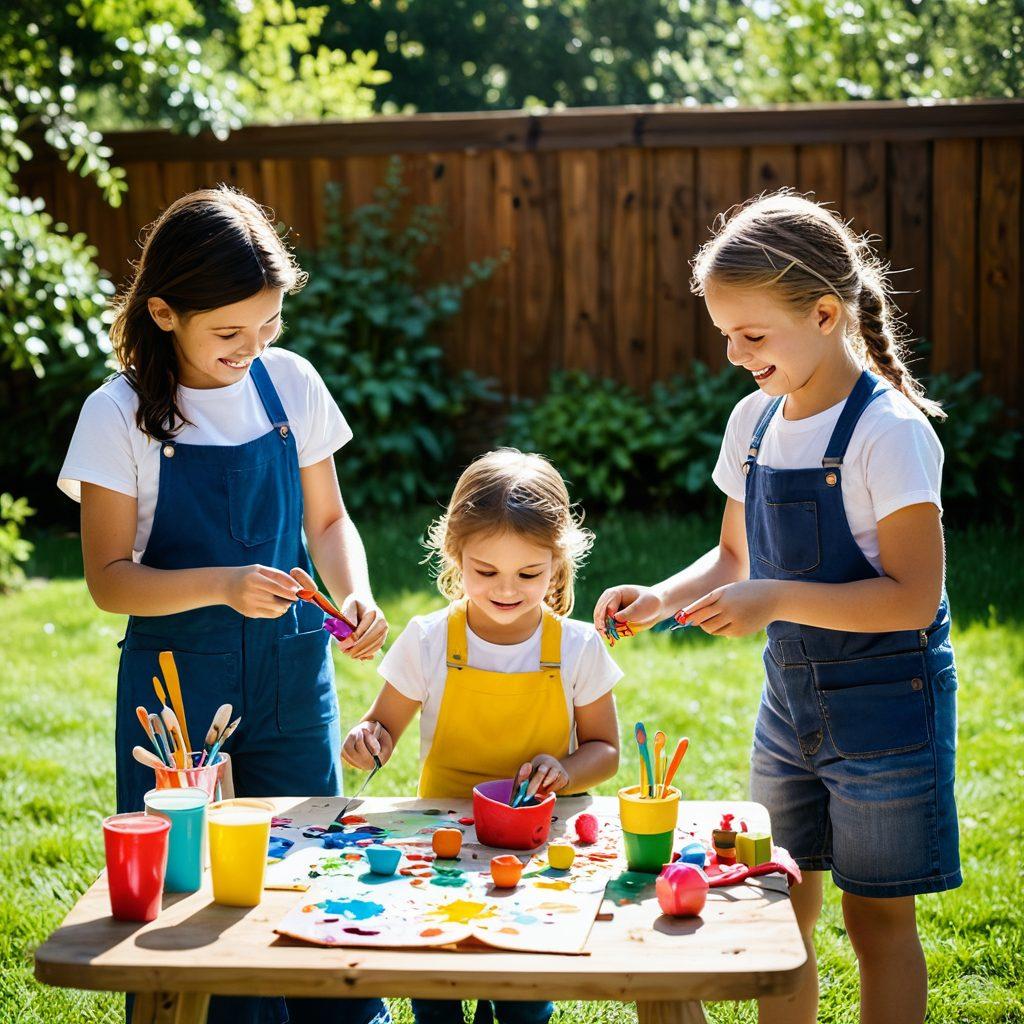 A warm and vibrant family scene in a sunlit backyard, showcasing parents and children engaging in creative activities like painting, gardening, and playing games together. Emphasize joyful expressions on their faces and dynamic interactions that highlight connection and growth. Include colorful toys scattered around, symbolizing learning through play. super-realistic. vibrant colors. natural lighting.